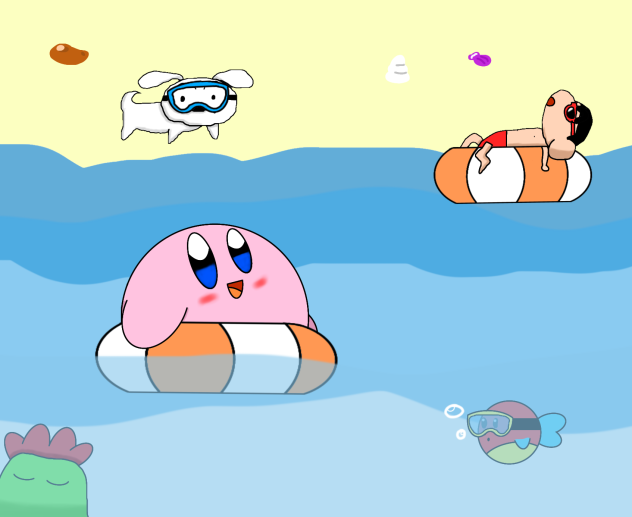 Shin-chan, Kirby y Nevado. Playa.