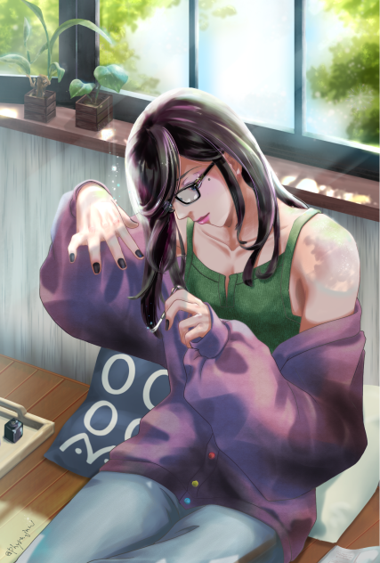 企画絵　木漏れ日に黒髪メガネの人