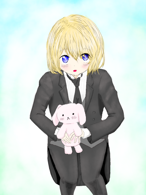 ぬいぐるみを渡そうとしゃがみこんでいる男の娘 色付き