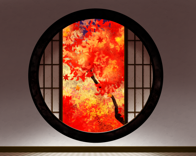 悟りの窓　障子あり　紅葉