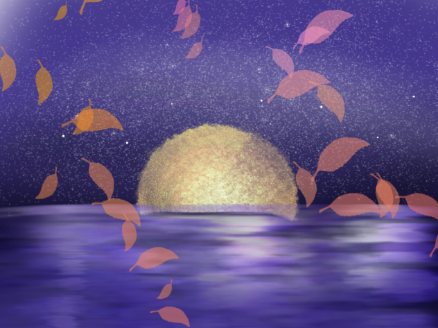 海と夜空に散る葉っぱ