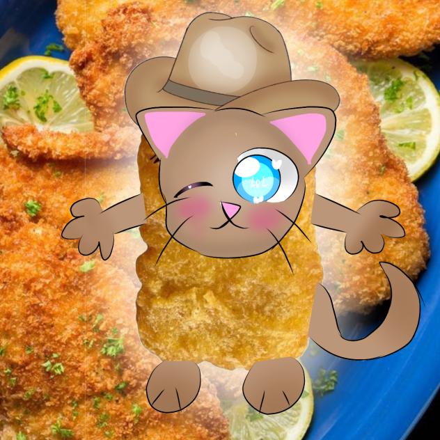 Chicken slice with a cat's face on it 😹🐓