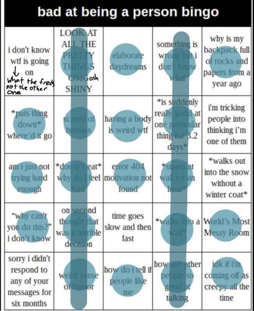 Bad at being a person bingo