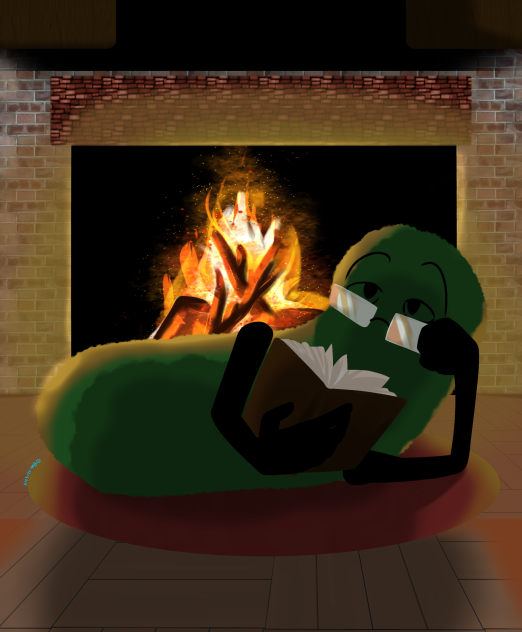 A Pickle Reading A Book By A Fire