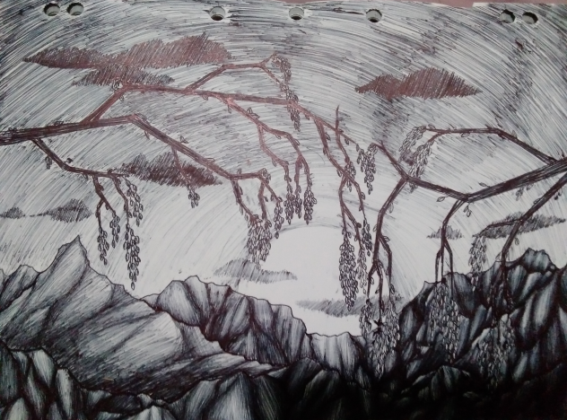 Sunset over cliffs (In Pen)