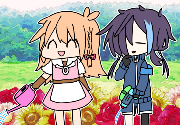 花に水やりするルクリアちゃんとサヨ