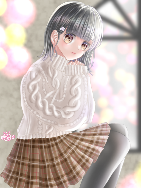 白ニット×茶チェック