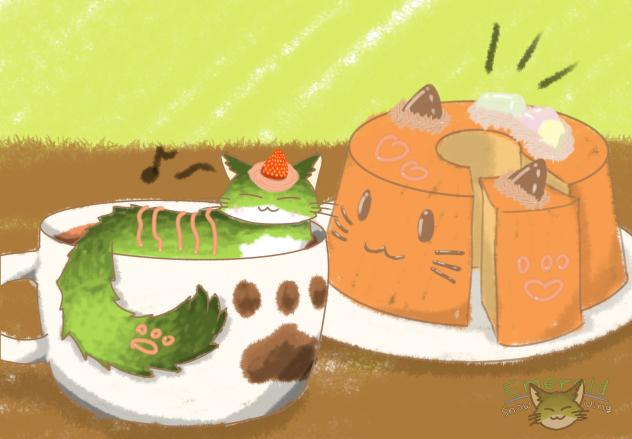 抹茶味ネコ茶とオレンジシフォンケーキ🍴