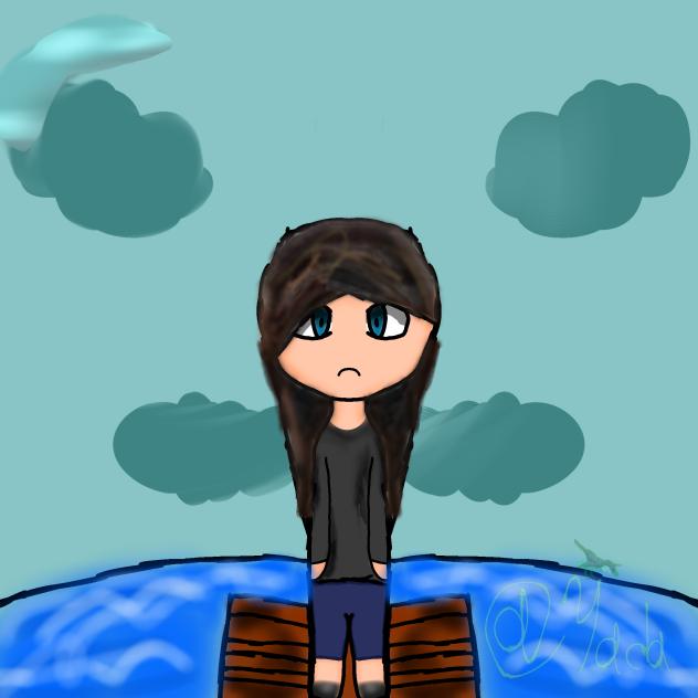 sad girl standing on a raft...