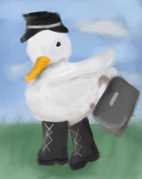Quack in big black boots