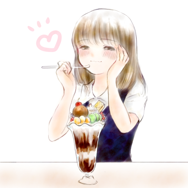 定期試験後脳の疲れをパフェで癒す女子高生。