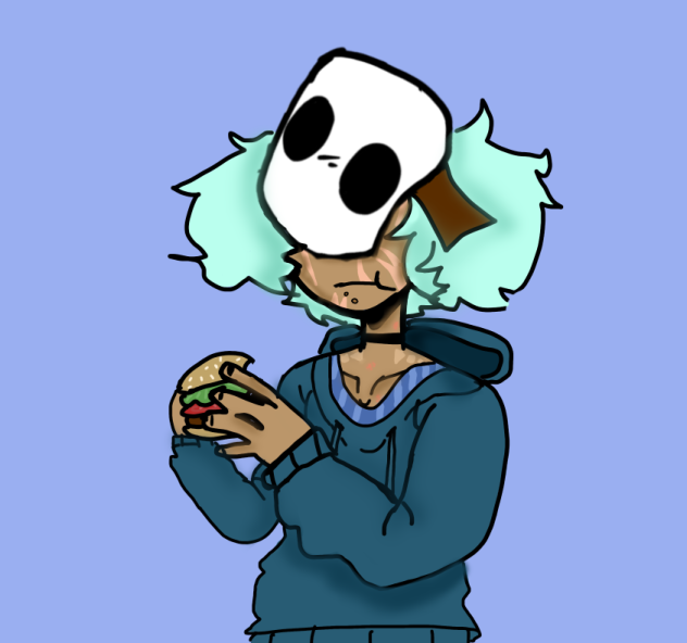 Techno eating a hamburger