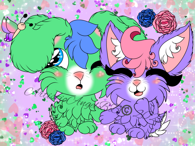 Green And Purple Bunnies Holding Paws