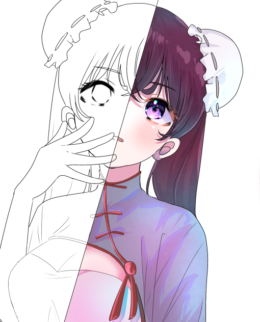 チャイナ服の女の子　半分線画