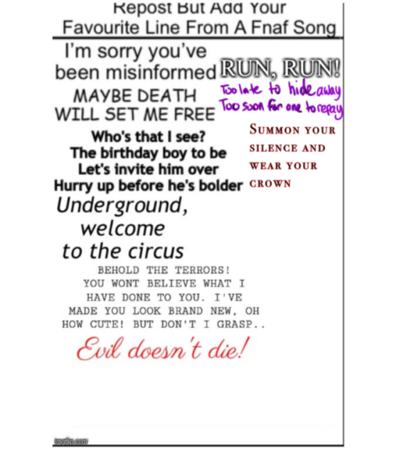 Repost and put your favorite fnaf lyrics