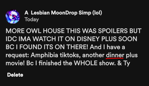 POV Auto correct made Disney dinner
