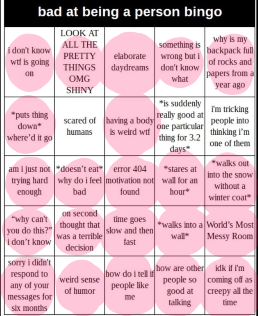 bad at being a person bingo