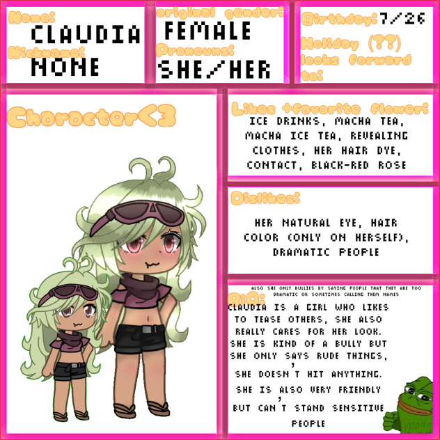 Character sheet for pick a flower