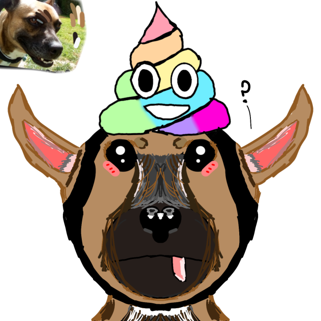 drawing off my dog in a poop emoji hat