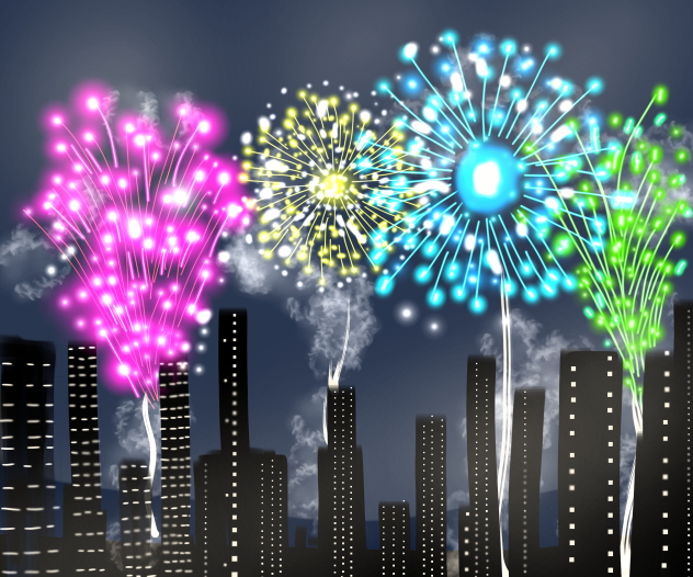 ビル群と打ち上げ花火