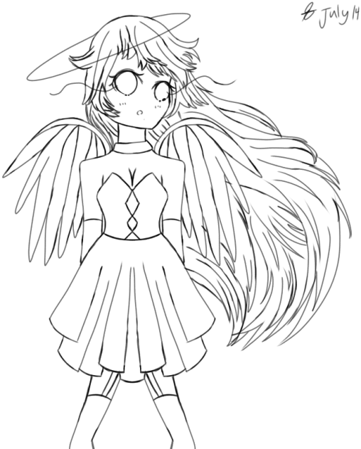 Metal wings on a beautiful angel Lineart
