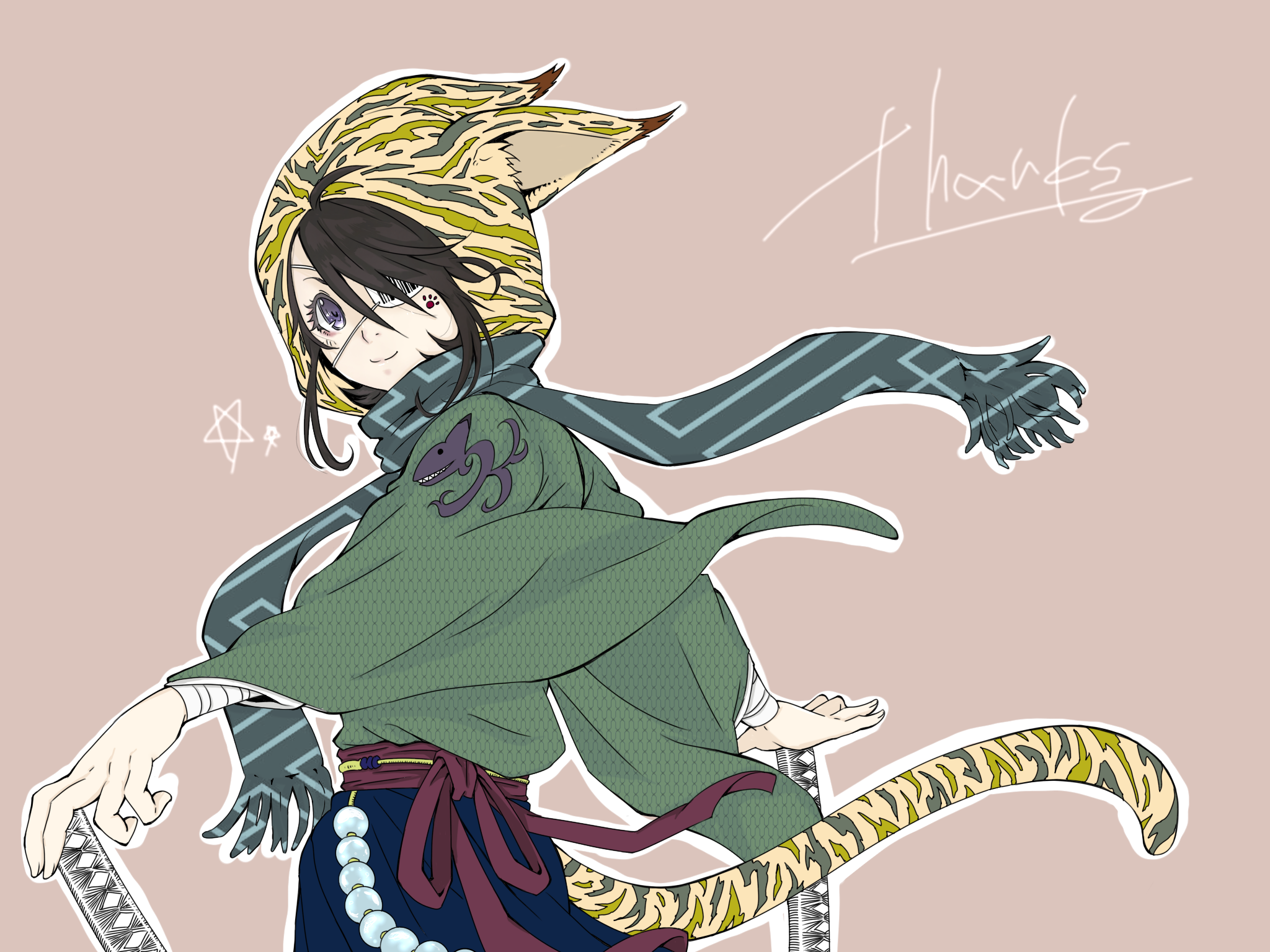 眼帯の猫侍 線画 Ibispaint