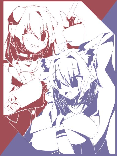 猫又おかゆ×戌神ころね　1色縛りで描いてみた！