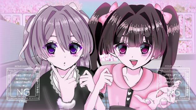 2人のお花見_水色の描