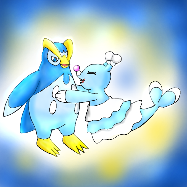 ポッタイシ♂に飛びついて抱くオシャマリ♀