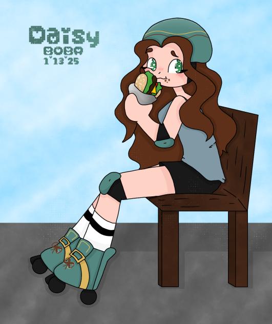 Daisy eating a sandwich