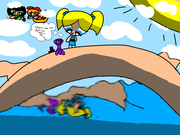 Bubbles standing on bridge looking down