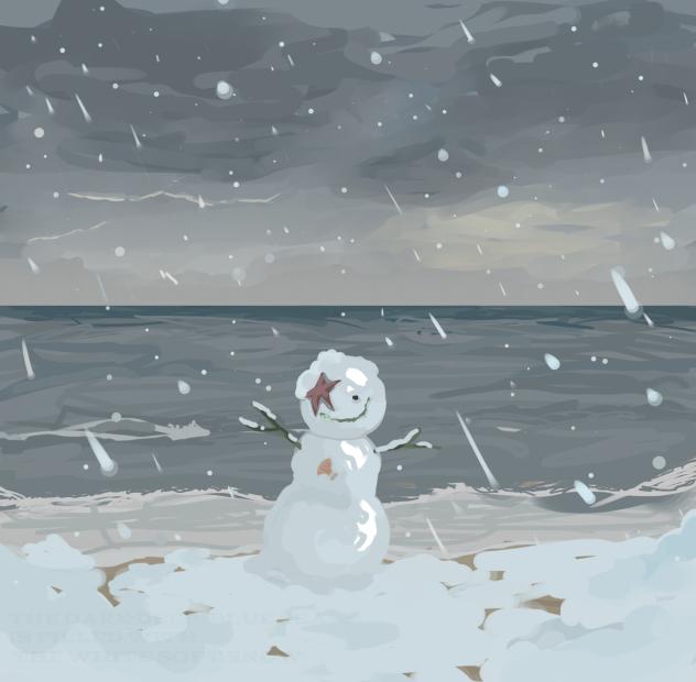 Snowing at the beach with snow man