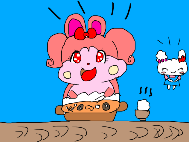 ラブリっちが作ったお鍋を食べるリボン