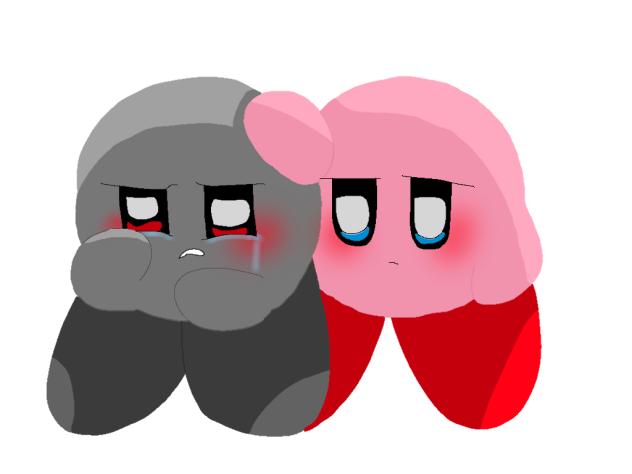 泣くシャドウカービィと慰めるカービィ