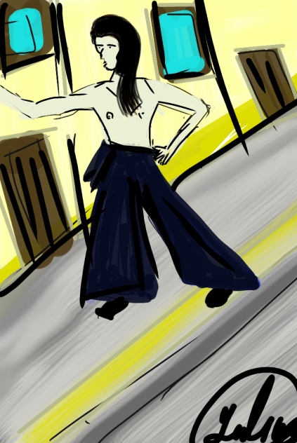 man, in belt bottoms