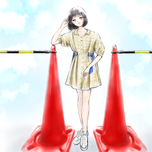 巨大三角コーンに挟まれてもキマる女子。
