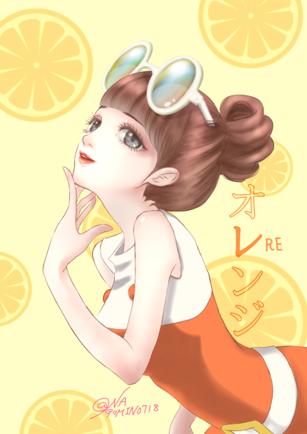 オレンジ レトロワンピ サングラス