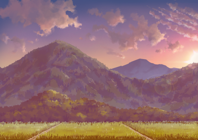 山と青田（夕方）