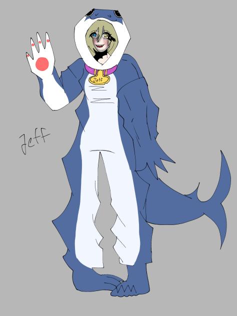 Kacey wearing Jeff the Landshark onesies