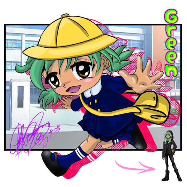 Green, goes to school