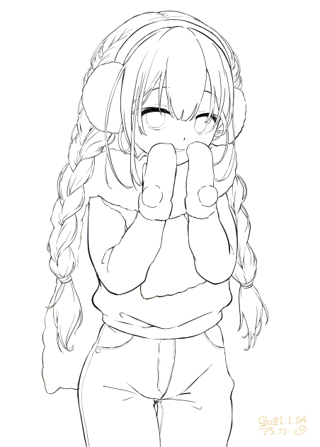 【線画】三つ編みの女の子